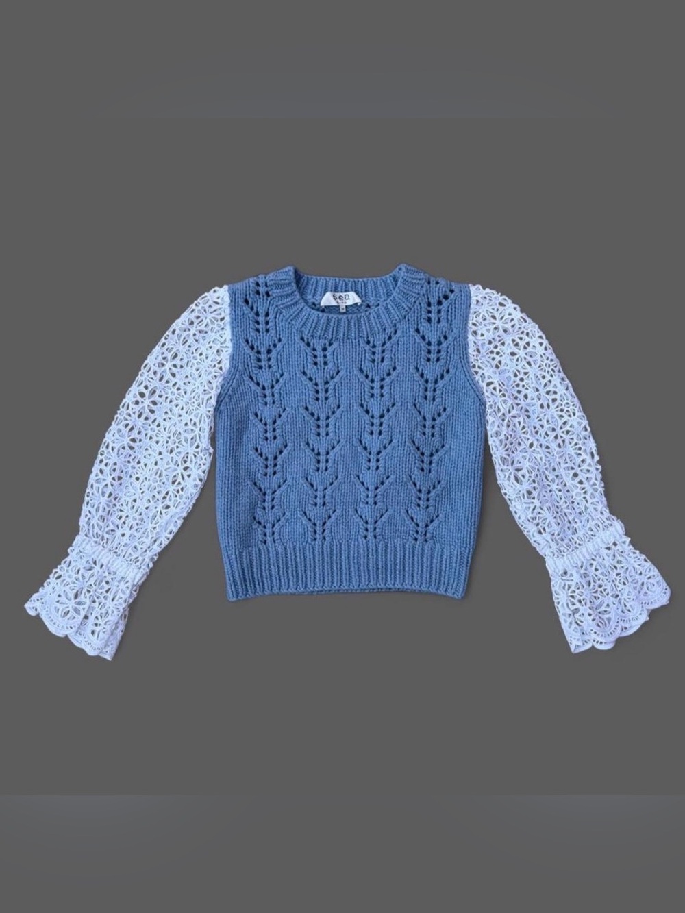 SEA New York Blue & White Pointelle Knit Sweater with Eyelet Sleeves Size M